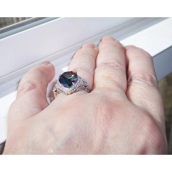 925 Sterling Silver Simulated Mystic Rainbow Topaz CZ Pear Cut Halo Ring - Picture 5 of 16